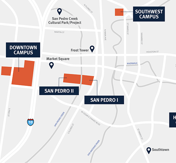 Map showing the location of "Regus - San Antonio - One Riverwalk Place" near the San Antonio River Walk. The office is marked with a red pin at the intersection of Navarro Street and Convent Street. Nearby landmarks include the Tobin Center for the Performing Arts to the east and E Martin Street to the south.