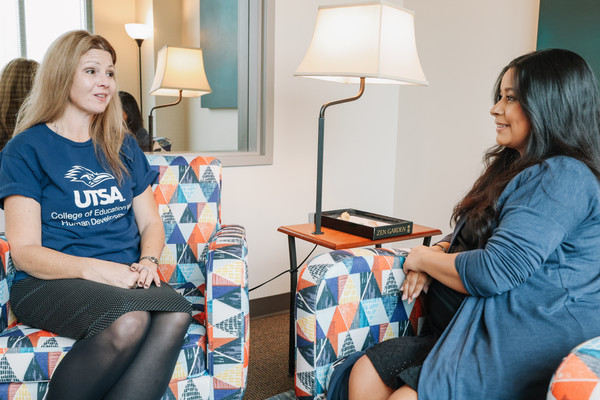 Counselor talking to her patient during a session at the Sarabia Counseling Center