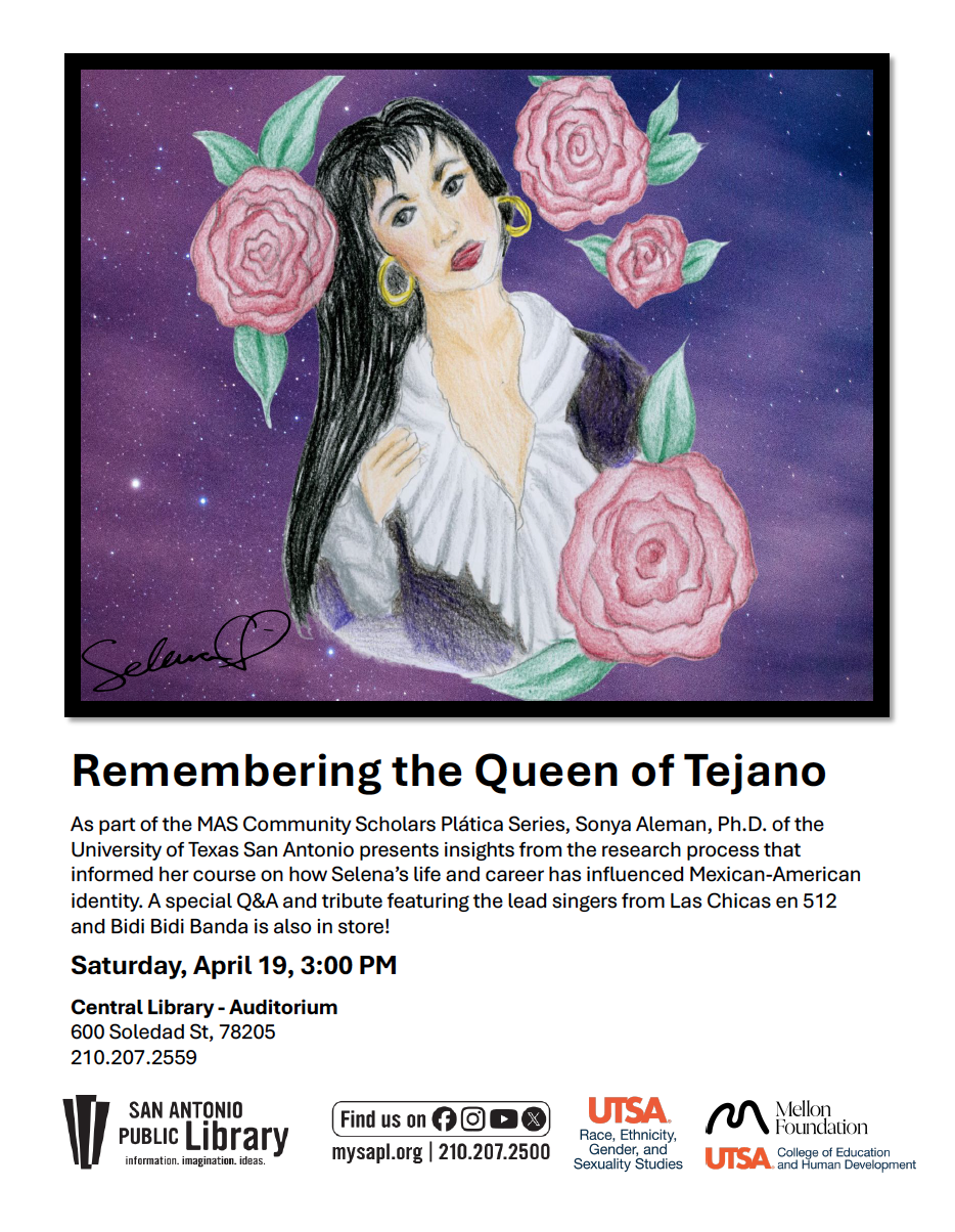 Event flyer with a drawing of Selena with roses