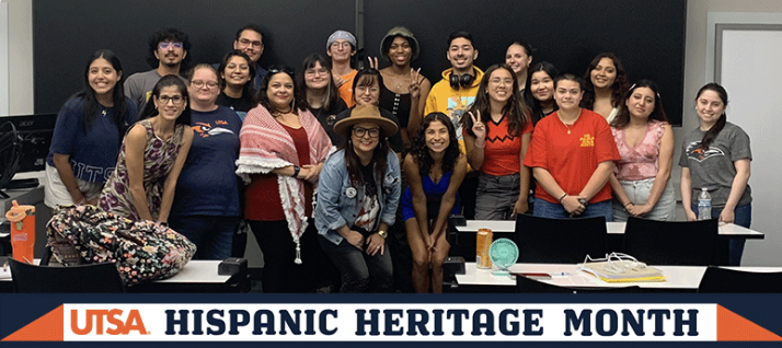 Students in the “Selena: A Mexican American Identity & Experience” course pose with Shelly Lares, an iconic Tejano artist