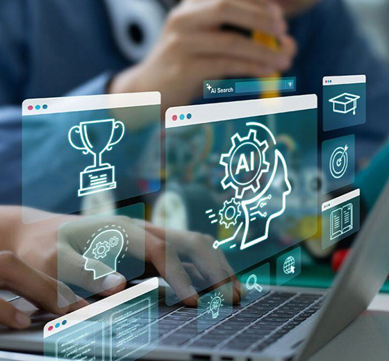 Hands type on a laptop surrounded by digital holograms displaying AI-related icons