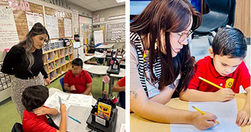 Left: Teaching resident Angelica Nieto works with her students. Right: An Irving teacher and a student practice writing letters.