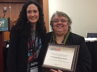 2019 AERA Bilingual Research SIG award ceremony. L to R: Patricia Martínez, Álvarez, Associate Professor, Teachers College, former mentee of Flores; Belind Bustos Flores