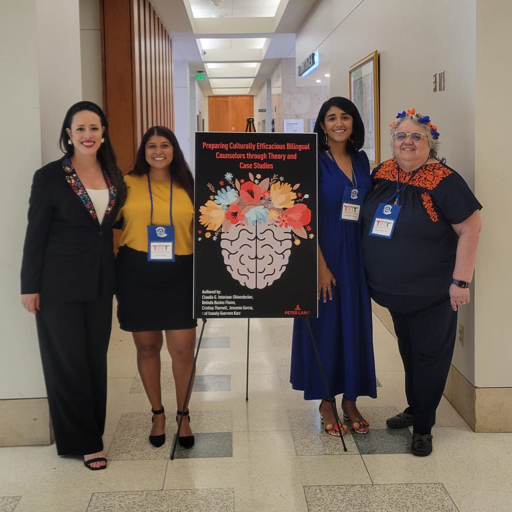 Belinda Bustos Flores and co-authors celebrating the publication of "Preparing Culturally Efficacious Bilingual Counselors through Theory and Case Studies" at a workshop event. L to R: Claudia Interiano-Shiverdecker, UTSA; Jessenia Garcia, St. Edward's University; Isanely Guerrero Kurz, Texas A&M-San Antonio; Belinda Bustos Flores, UTSA