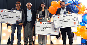 Showcase participants and students Michael Mauricio, Zeina Hijazi and Edgar Zamorano with philanthropist Harvey Najim.