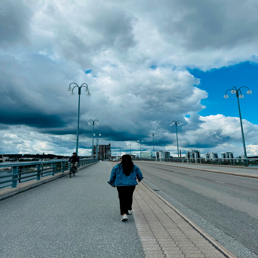 Andrea "Nikki" Campos walking the streets of Jyväskylä, Finland