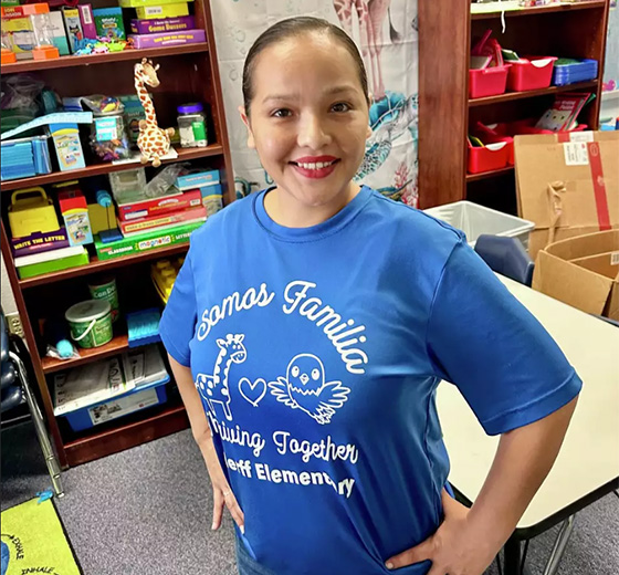 First-year teacher Stella Tijerina poses for a photo in her classroom at Herff Elementary School.