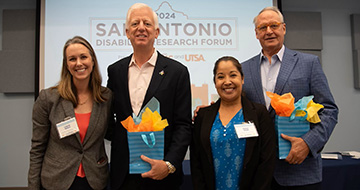 From left to right: Leslie Neely, associate director of the UTSA Brain Health Consortium and associate professor in the UTSA Department of Educational Psychology; Gordon Hartman, founder of the Hartman Foundation and MAC; Erica Sosa, associate dean for research success and professor in the UTSA Department of Public Health; and Taylor Eighmy, president of UTSA.