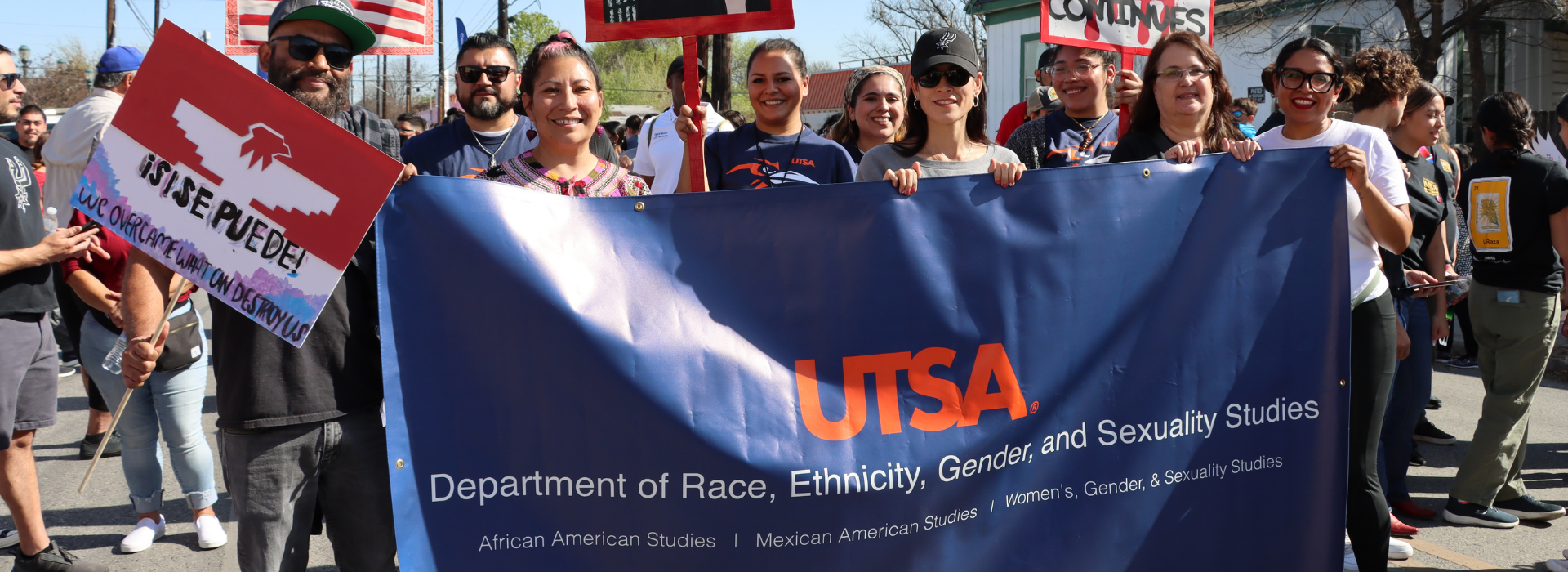 Photo of the Race, Ethnicity, and Sexuality Studies Department walking at the Cesar Chavez March